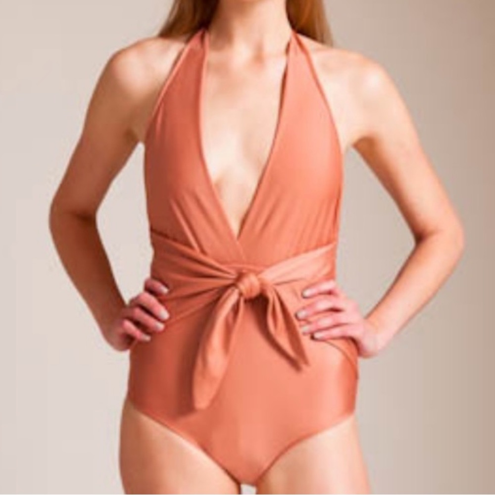 Sculpting Halter One-Piece Swimsuit in Warm Tan - Picture 16 of 16